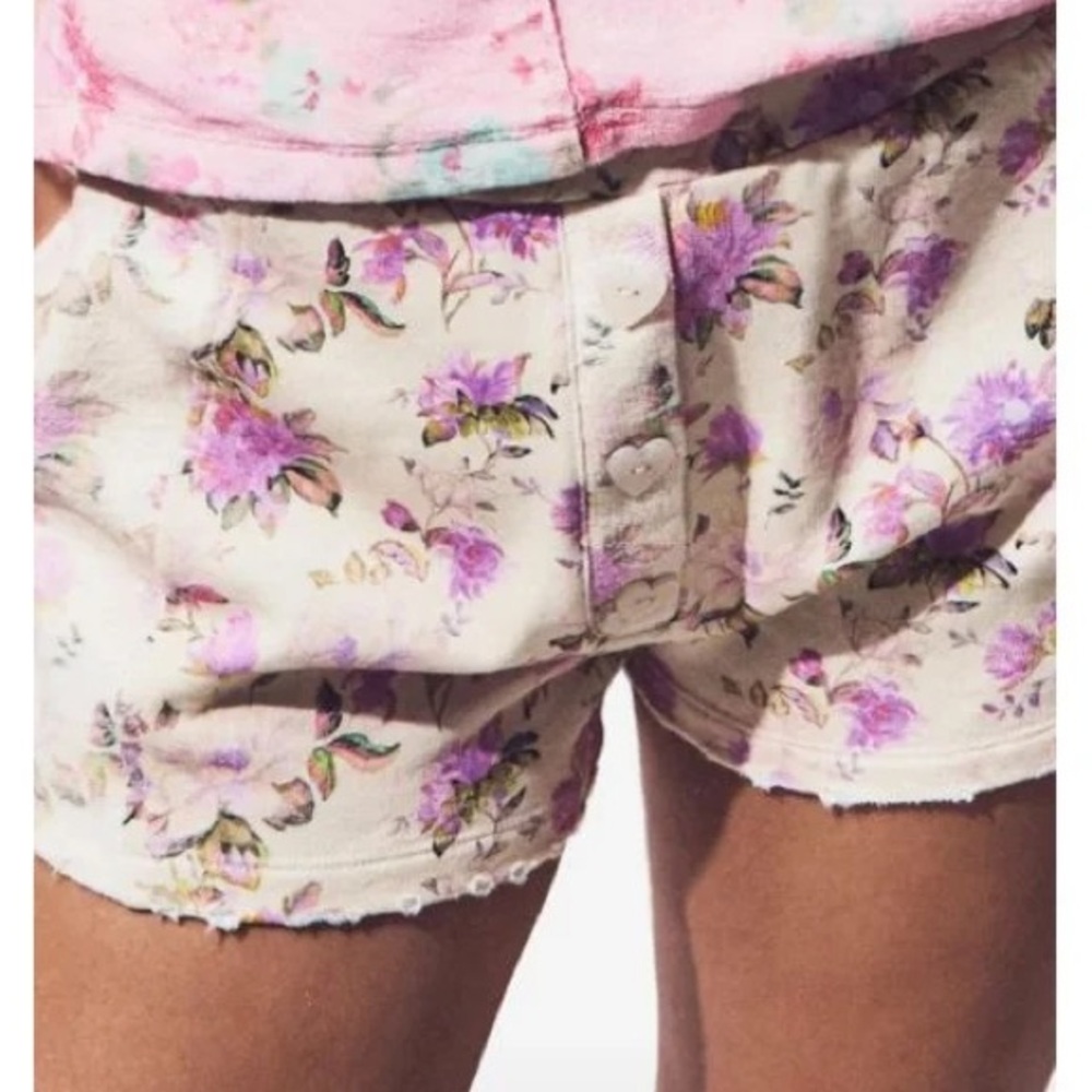 LoveShackFancy Renato Floral Print Shorts M Cotton Jersey Ultra Violet Clouds - Picture 4 of 14